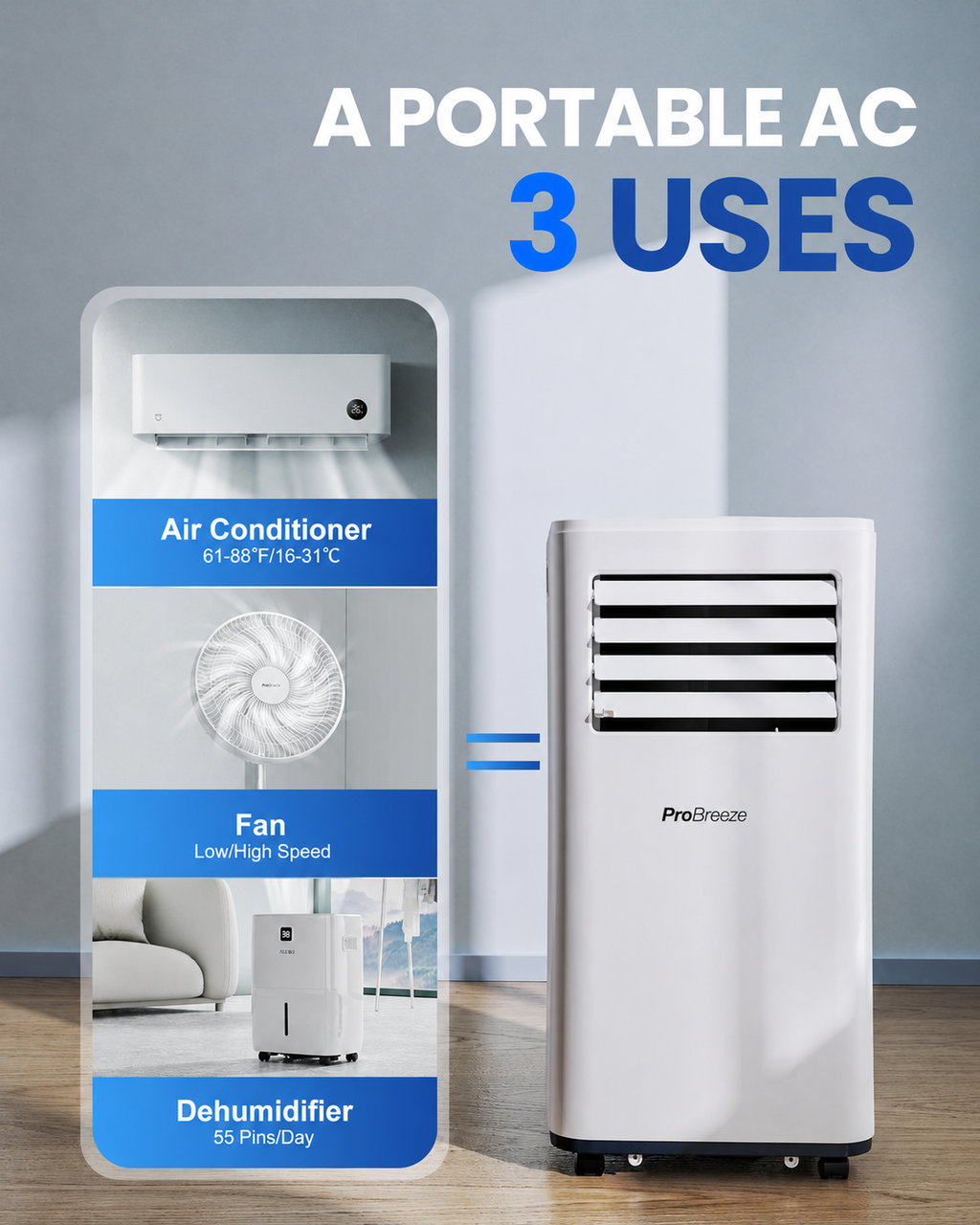 Air Conditioning Unit Portable Air Conditioner 9000 BTU 4-in-1 Dehumidifier, Cooling Fan with 2 Speeds, Digital Display & Remote Control, Window Kit, 24 Hour Timer for Room Up to 269sq.ft