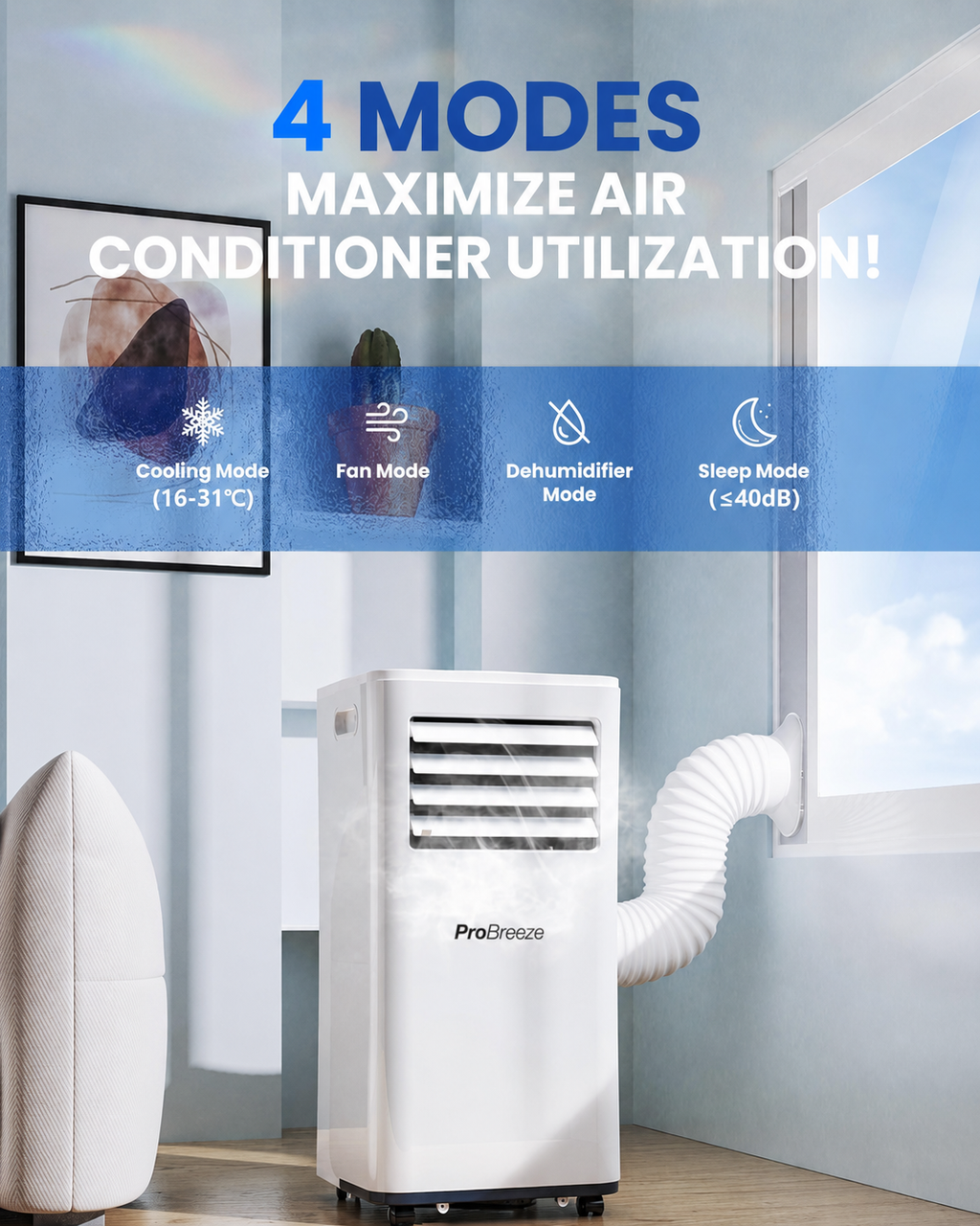 Air Conditioning Unit Portable Air Conditioner 9000 BTU 4-in-1 Dehumidifier, Cooling Fan with 2 Speeds, Digital Display & Remote Control, Window Kit, 24 Hour Timer for Room Up to 269sq.ft
