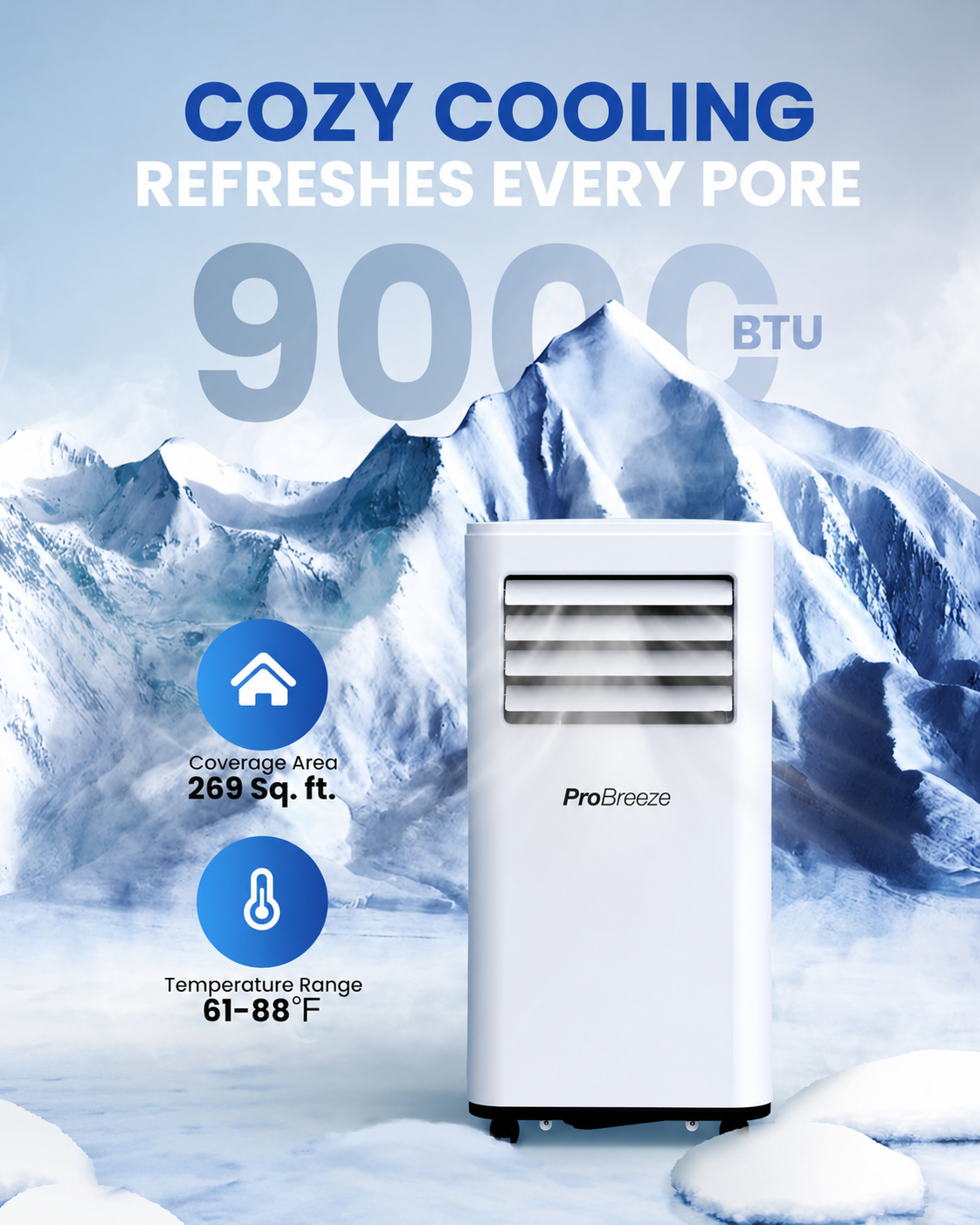 Air Conditioning Unit Portable Air Conditioner 9000 BTU 4-in-1 Dehumidifier, Cooling Fan with 2 Speeds, Digital Display & Remote Control, Window Kit, 24 Hour Timer for Room Up to 269sq.ft